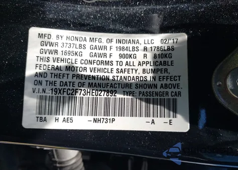2017 Honda Civic Ex from USA, damaged, VIN 19XFC2F73HE027892